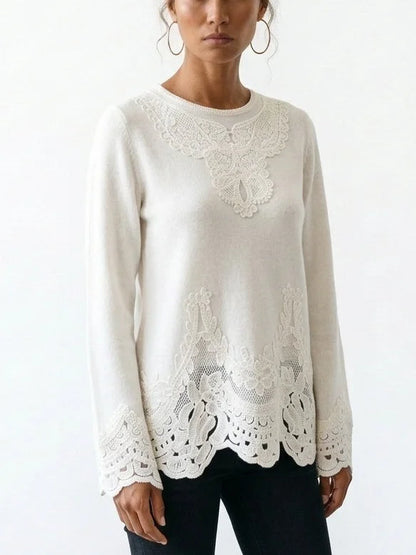 Floral Embroidered Cashmere Sweater with Scalloped Trim - Sweaters & Knitwear