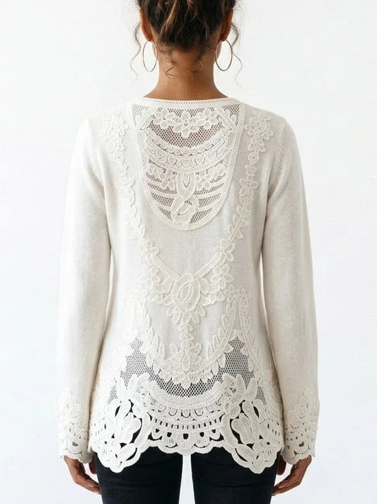 Floral Embroidered Cashmere Sweater with Scalloped Trim - Sweaters & Knitwear