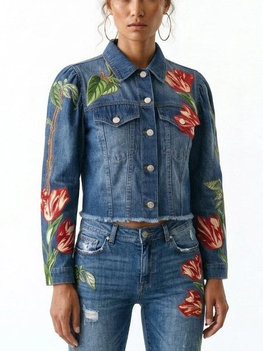 Floral Embroidered Cropped Denim Jacket - Jackets