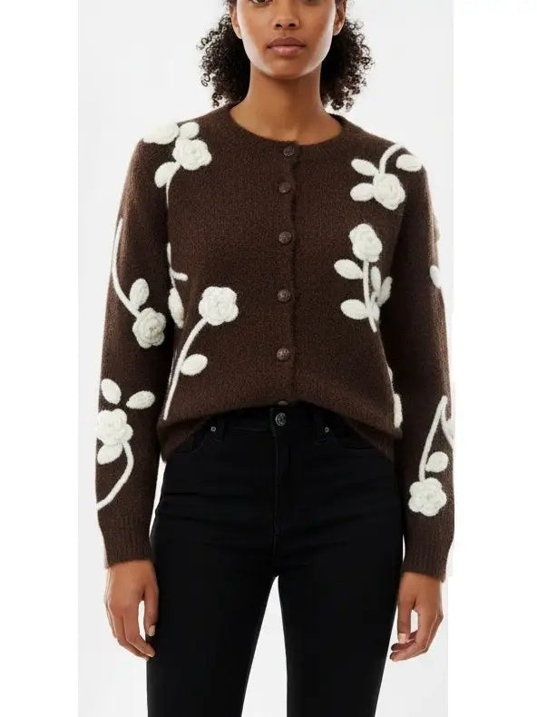 Floral Embroidered Knit Cardigan in Brown - Sweaters & Knitwear