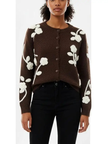 Floral Embroidered Knit Cardigan in Brown - Sweaters & Knitwear