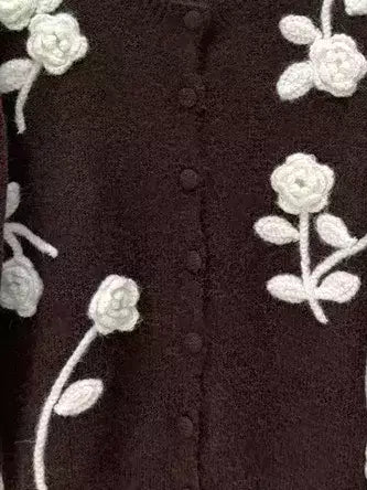 Floral Embroidered Knit Cardigan in Brown - Sweaters & Knitwear