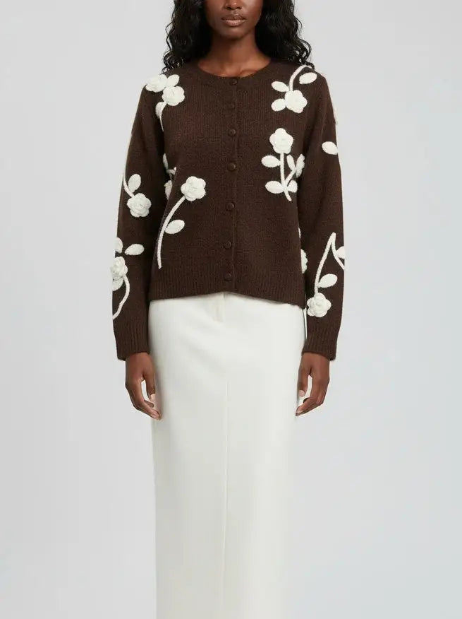 Floral Embroidered Knit Cardigan in Brown - Sweaters & Knitwear