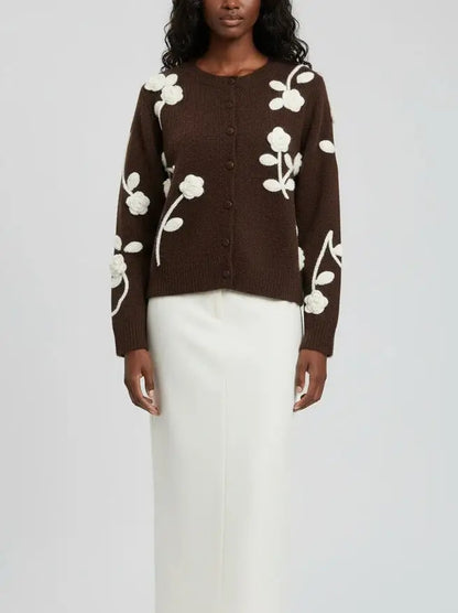 Floral Embroidered Knit Cardigan in Brown - Sweaters & Knitwear