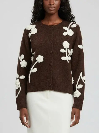 Floral Embroidered Knit Cardigan in Brown - Sweaters & Knitwear