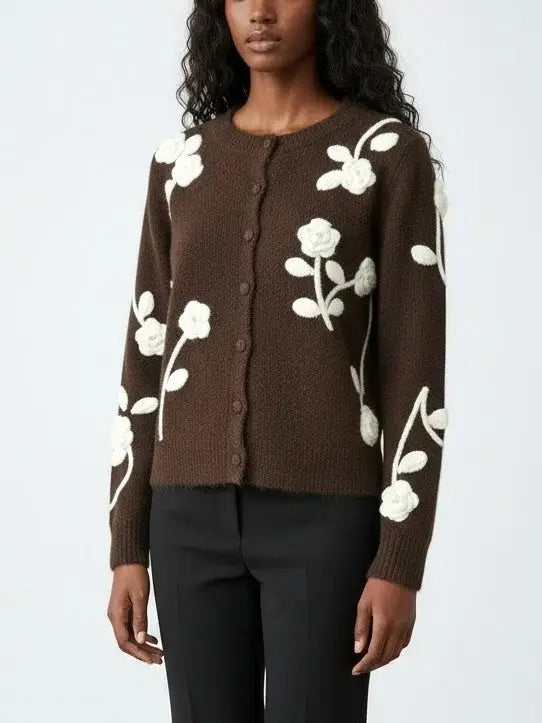 Floral Embroidered Knit Cardigan in Brown - Sweaters & Knitwear