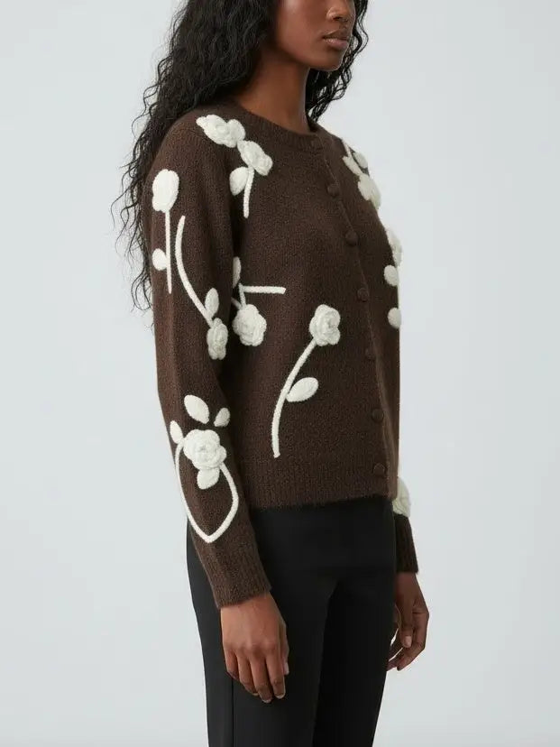 Floral Embroidered Knit Cardigan in Brown - Sweaters & Knitwear