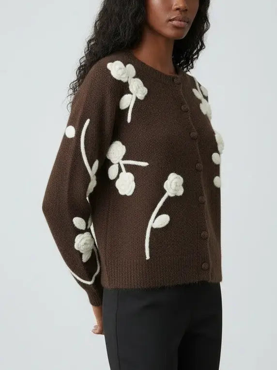 Floral Embroidered Knit Cardigan in Brown - Sweaters & Knitwear