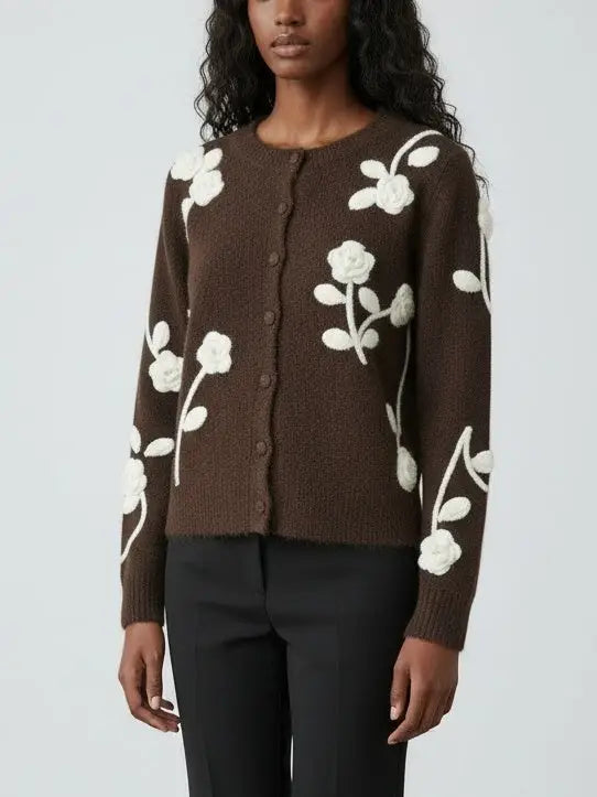 Floral Embroidered Knit Cardigan in Brown - Sweaters & Knitwear