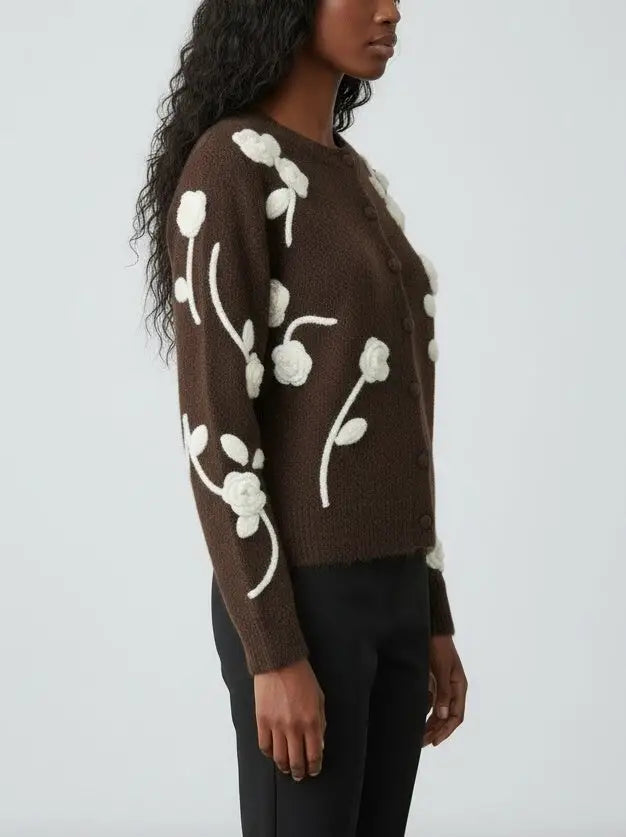Floral Embroidered Knit Cardigan in Brown - Sweaters & Knitwear