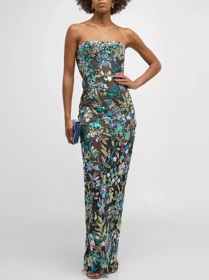 Floral Embroidered Strapless Long Dress