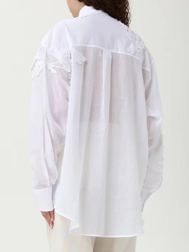 Floral Embroidered White Cotton Shirt - Tops