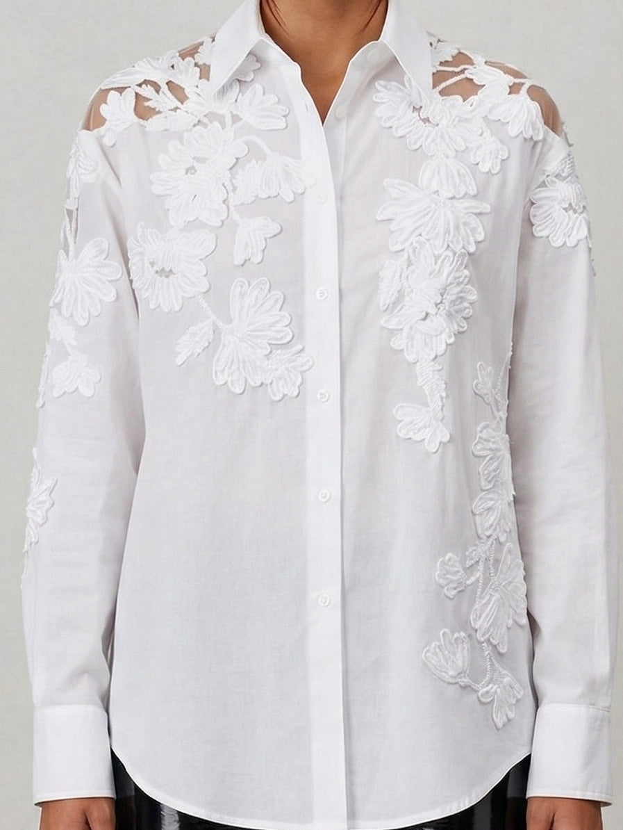 Floral Embroidered White Cotton Shirt