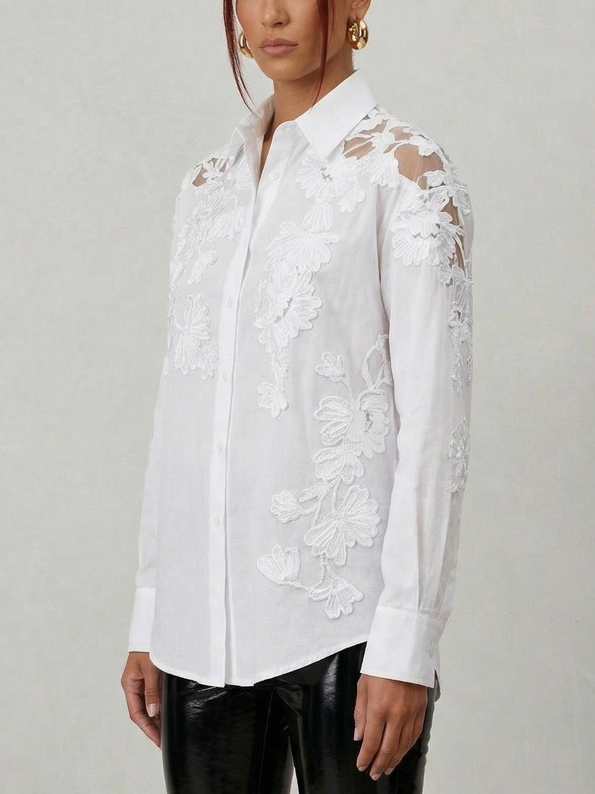 Floral Embroidered White Cotton Shirt