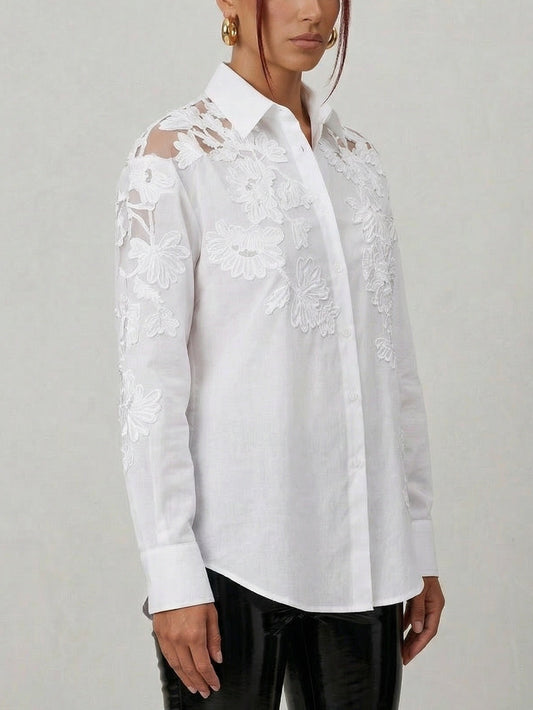 Floral Embroidered White Cotton Shirt