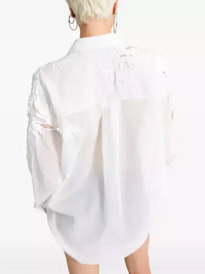 Floral Embroidered White Cotton Shirt - Tops
