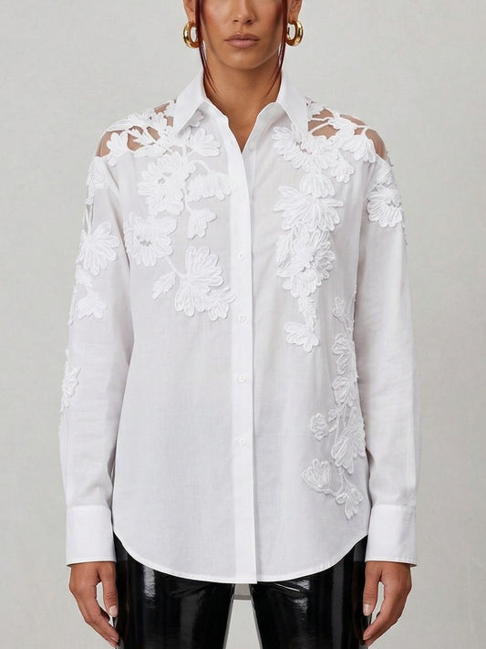 Floral Embroidered White Cotton Shirt