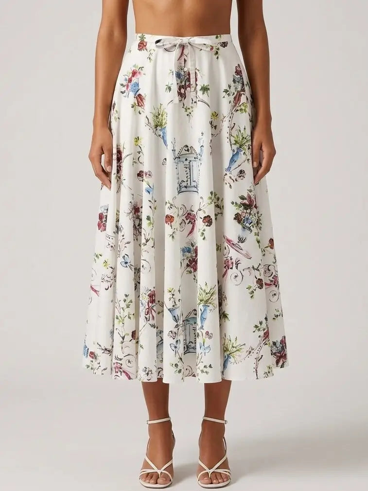 Floral Flared Midi Skirt with Bow Waist Detail - S / White - Skirts