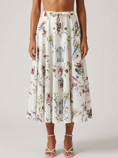 Floral Flared Midi Skirt with Bow Waist Detail - S / White - Skirts