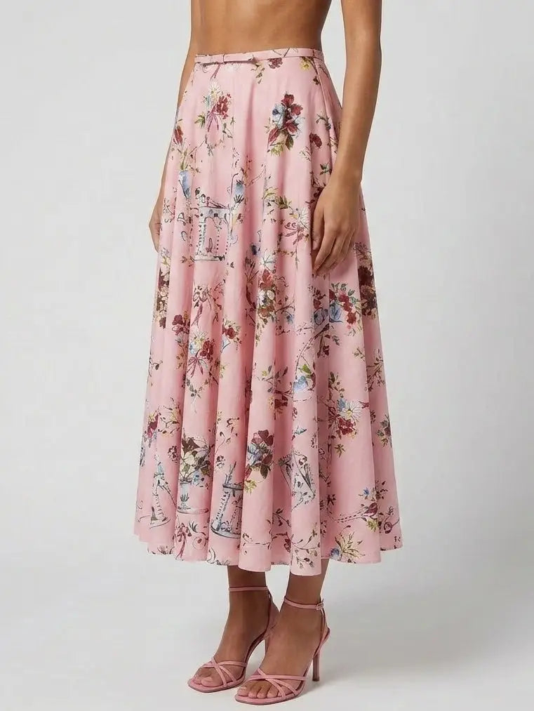 Floral Flared Midi Skirt with Bow Waist Detail - Skirts