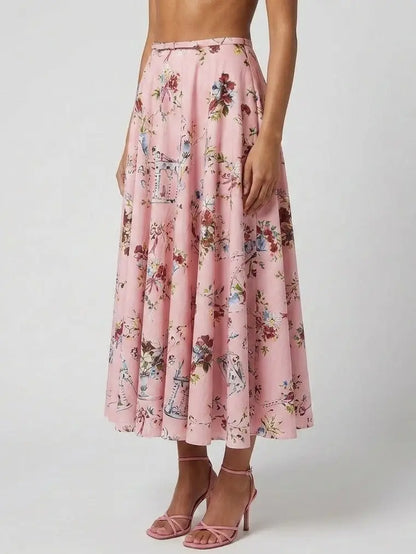 Floral Flared Midi Skirt with Bow Waist Detail - Skirts