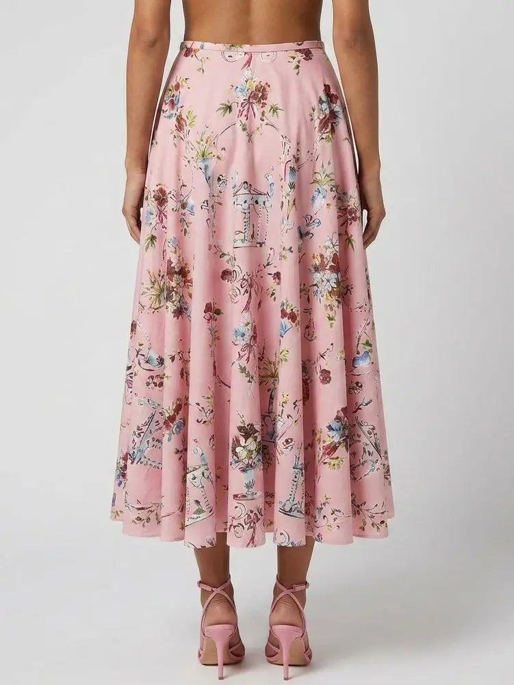 Floral Flared Midi Skirt with Bow Waist Detail - Skirts