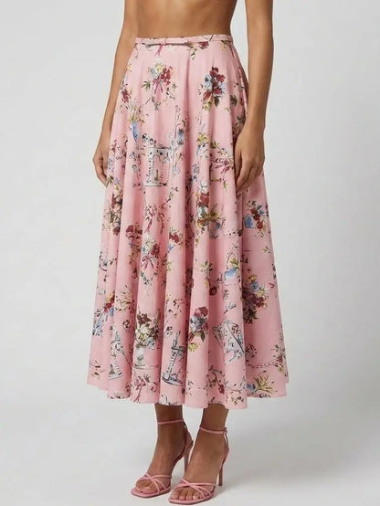 Floral Flared Midi Skirt with Bow Waist Detail - Skirts