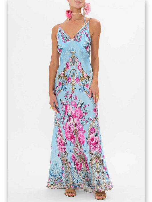 Floral Garden Printed Long Silk Light Blue Slip Dress - Branna Couture