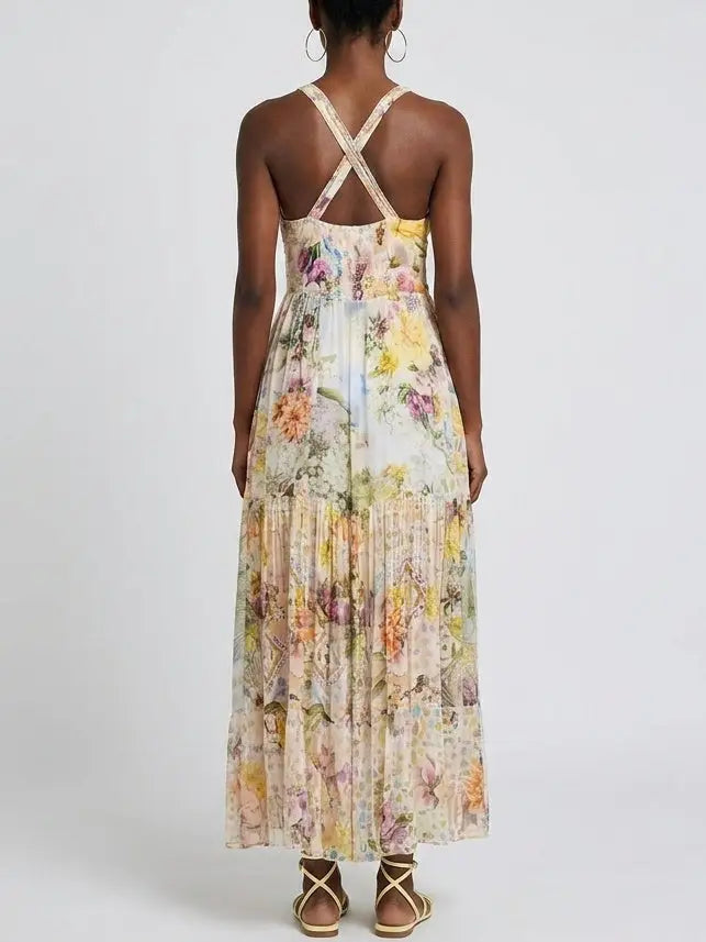 Floral Gathered Silk Plunge Maxi Dress - Dresses