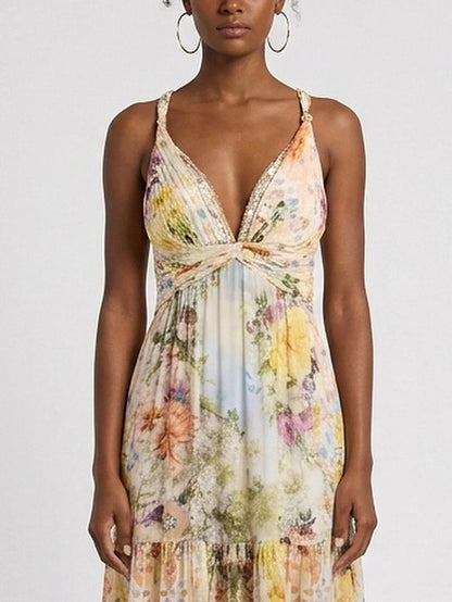 Floral Gathered Silk Plunge Maxi Dress - Dresses