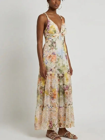 Floral Gathered Silk Plunge Maxi Dress - Dresses