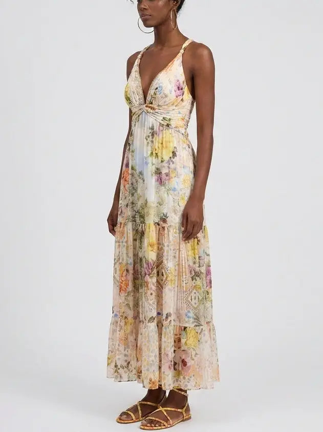 Floral Gathered Silk Plunge Maxi Dress - Dresses
