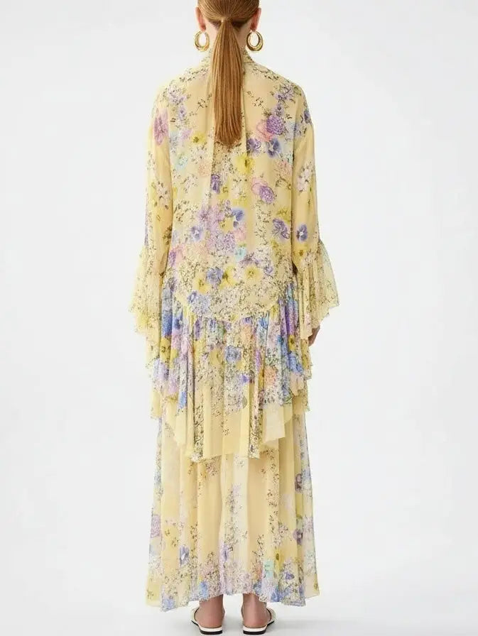 Floral High-Low Tiered Silk Dress in Yellow - Dresses