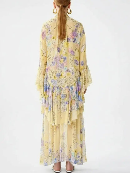 Floral High-Low Tiered Silk Dress in Yellow - Dresses