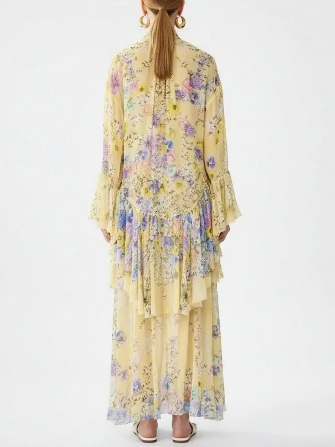 Floral High-Low Tiered Silk Dress in Yellow - Dresses
