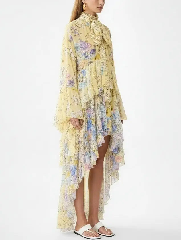 Floral High-Low Tiered Silk Dress in Yellow - Dresses