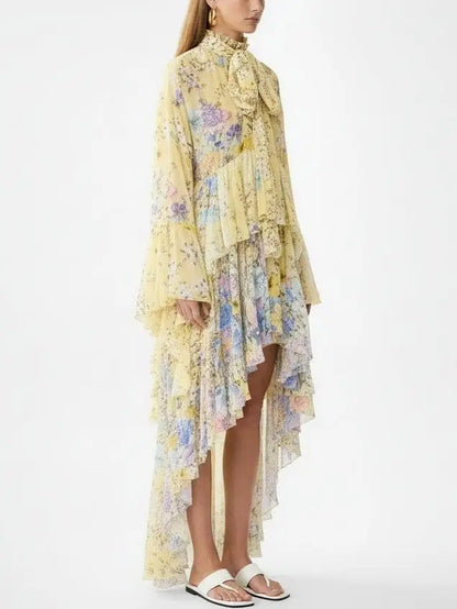 Floral High-Low Tiered Silk Dress in Yellow - Dresses