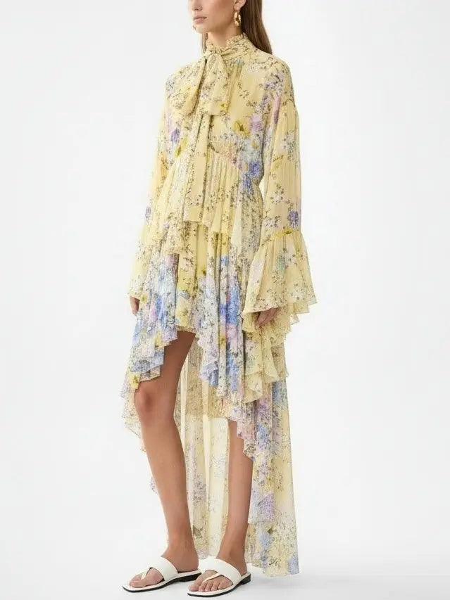 Floral High-Low Tiered Silk Dress in Yellow - Dresses