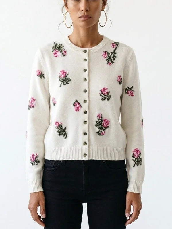 Gray Floral-Embroidered Cropped Wool Cardigan - Small / White - Sweaters & Knitwear