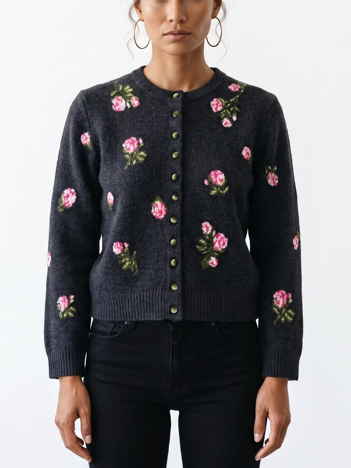 Gray Floral-Embroidered Cropped Wool Cardigan - Sweaters & Knitwear