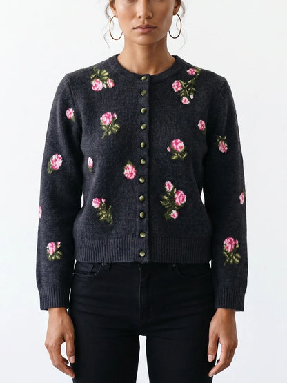Gray Floral-Embroidered Cropped Wool Cardigan - Sweaters & Knitwear