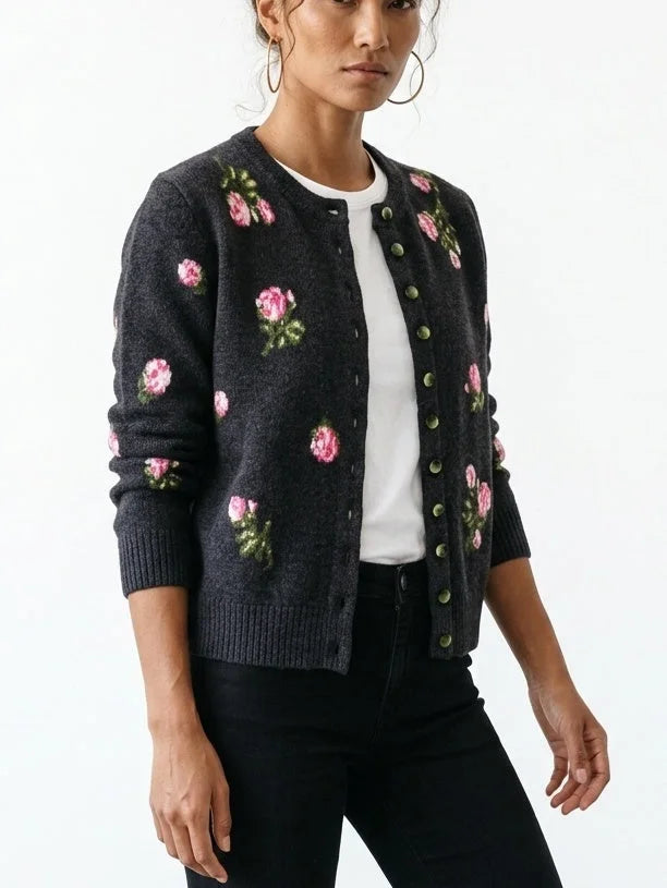 Gray Floral-Embroidered Cropped Wool Cardigan - Sweaters & Knitwear