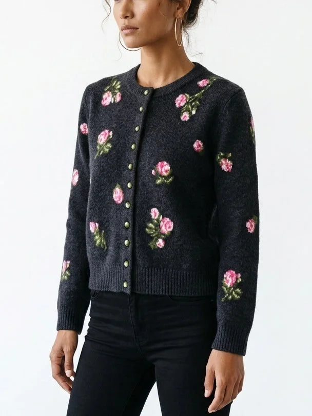 Gray Floral-Embroidered Cropped Wool Cardigan - Sweaters & Knitwear