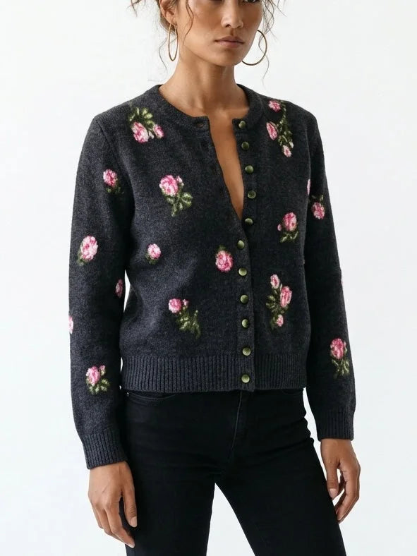 Gray Floral-Embroidered Cropped Wool Cardigan - Sweaters & Knitwear