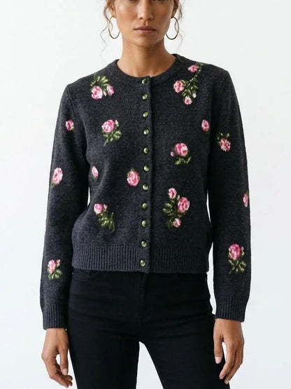 Gray Floral-Embroidered Cropped Wool Cardigan - Sweaters & Knitwear