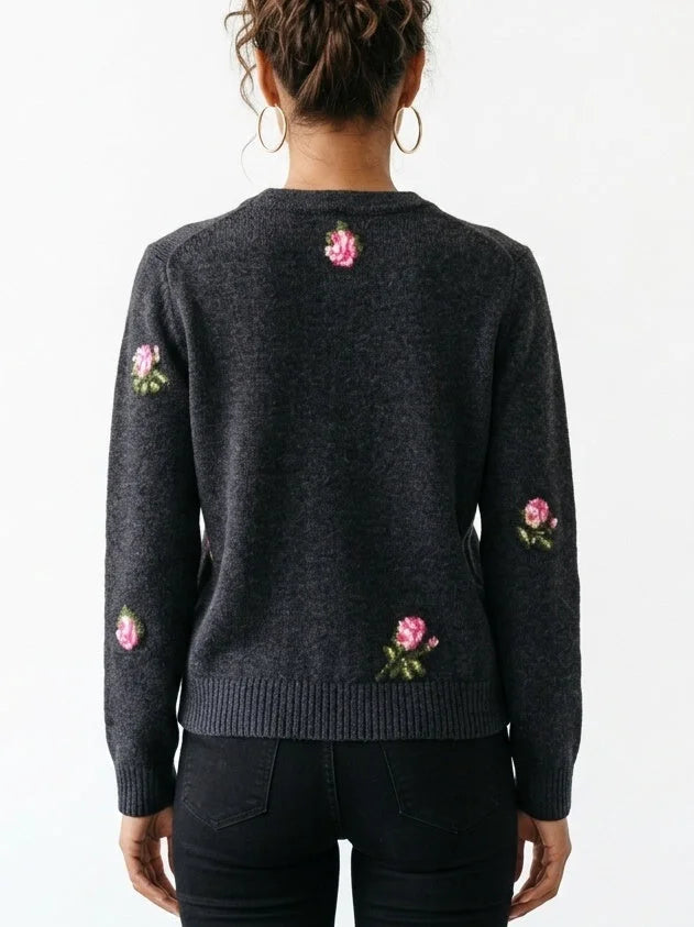 Gray Floral-Embroidered Cropped Wool Cardigan - Sweaters & Knitwear