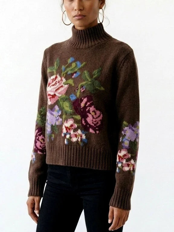 Floral Intarsia Wool Cashmere High Neck Sweater - Sweaters & Knitwear