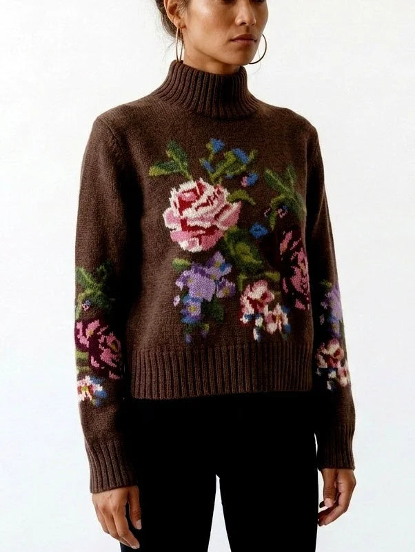 Floral Intarsia Wool Cashmere High Neck Sweater - Sweaters & Knitwear