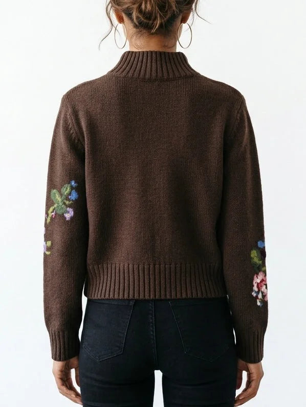 Floral Intarsia Wool Cashmere High Neck Sweater - Sweaters & Knitwear
