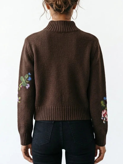 Floral Intarsia Wool Cashmere High Neck Sweater - Sweaters & Knitwear
